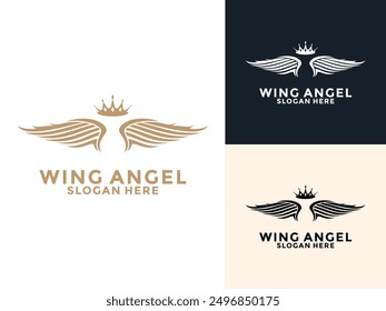 Wings with Crown logo design template, Gold vintage wings logo icon vector