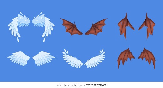 Wings of demon and angel. Dragon, bat, dove or vampire wing pairs.