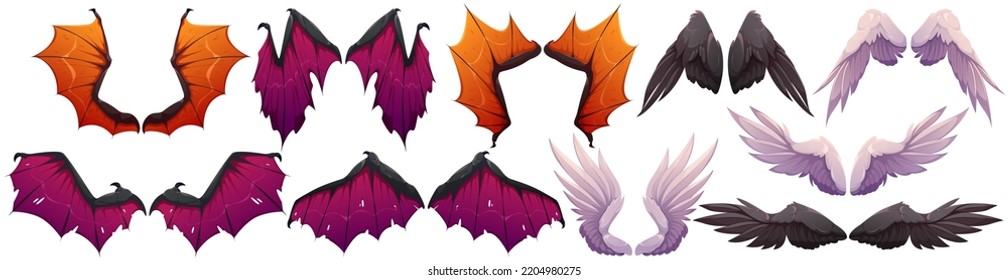 Wings of demon and angel Halloween collection. Dragon, bat, dove or vampire wing pairs. White and black ragged magic set for fantasy characters, isolated game elements, Cartoon vector illustration