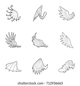 Wings of dragon and griffin icons set. Outline set of 9 wings of dragon and griffin vector icons for web isolated on white background