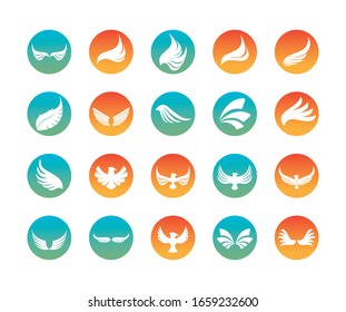 Wings and eagles silhouette block style icon set design, animal feather bird angel wildlife flight freedom and tattoo theme Vector illustration