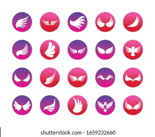 Wings and eagles silhouette block style icon set design, animal feather bird angel wildlife flight freedom and tattoo theme Vector illustration