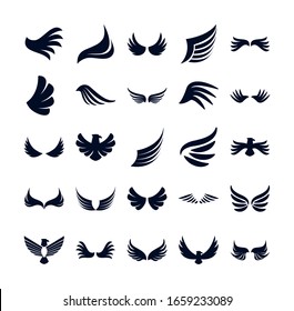 Diseño de conjunto de iconos con estilo de silueta de águilas y algas, libertad de vuelo de ángel de aves de pluma animal y tema del tatuaje Ilustración vectorial