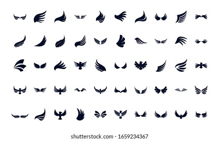 Wings and eagles silhouette style icon set design, animal feather bird angel wildlife flight freedom and tattoo theme Vector illustration