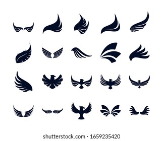 Wings and eagles silhouette style icon set design, animal feather bird angel wildlife flight freedom and tattoo theme Vector illustration