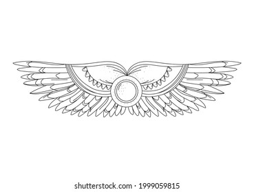 Wings. Egyptian divine wings. Black and white vector image. Line art Coloring. Ancient world.