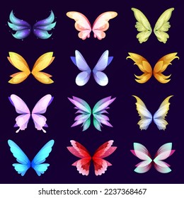 Wings of fairy, dragon or butterflies isolated set. Vector cartoon set of wings pairs of magic and fantasy characters and animals isolated on white background