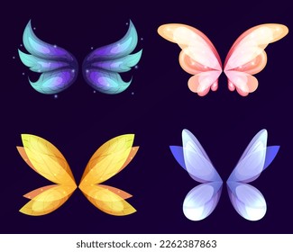 Wings of fairy, dragon or butterflies isolated set. Vector cartoon set of wings pairs of magic and fantasy characters and animals isolated on white background