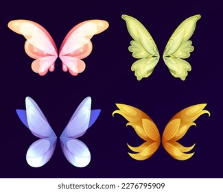 Alas de hada, dragón o mariposas aisladas. Dibujo vectorial conjunto de alas pares de personajes de magia y fantasía y animales aislados en fondo blanco