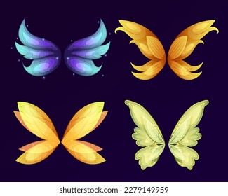 Wings of fairy, dragon or butterflies isolated set. Vector cartoon set of wings pairs of magic and fantasy characters and animals isolated on white background