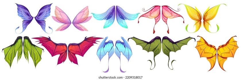 Wings of fairy, dragon or butterfly isolated set. Myth and fable creatures, birds or pixie different wing pairs. Colorful magic collection for rpg game fantasy characters, Cartoon vector illustration