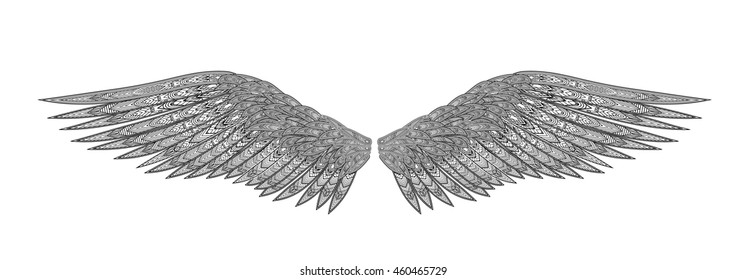 Wings feather. Black white hand drawn doodle
