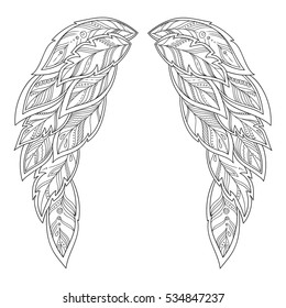 Wings feather. Pattern for coloring book. Ethnic patterned vector illustration. African, indian, totem, tattoo, zentangle design. Sketch for art therapy, coloring page, poster, print or t-shirt.