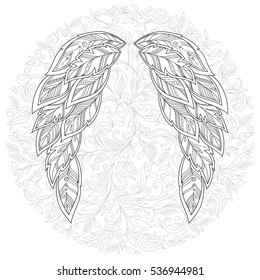 Wings feather. Pattern for coloring book. Ethnic patterned vector illustration. African, indian, totem, tattoo, zentangle design. Sketch for art therapy, coloring page, poster, print or t-shirt.