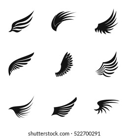 Wings feather tattoo icons set. Simple illustration of 9 wings feather tattoo vector icons logo isolated on white background