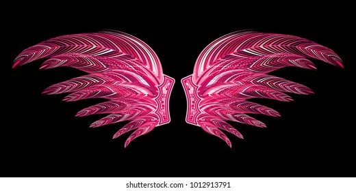 Wings with Feathers. Beautiful Pink Wings with Pins. Carnival Costume. Wings with Feathers for Masquerade, Carnival, Celebration, Costume, Card, Invitations. Suit for the Holiday. Gentle Angel Wings.