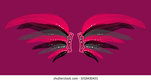 Wings with Feathers. Beautiful Pink Wings with Pins. Carnival Costume. Wings with Feathers for Masquerade, Carnival, Celebration, Costume, Card, Invitations. Suit for the Holiday. Gentle Angel Wings.