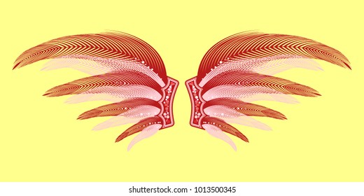 Wings with Feathers. Beautiful Red Wings with Pins. Carnival Costume. Wings with Feathers for Masquerade, Carnival, Celebration, Costume, Card, Invitations. Suit for the Holiday. Gentle Angel Wings.
