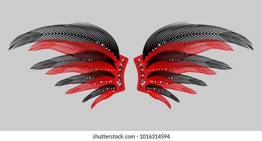 Wings with Feathers. Beautiful Red Wings with Pins. Carnival Costume. Wings with Feathers for Masquerade, Carnival, Celebration, Costume, Card, Invitations. Suit for the Holiday. Gentle Angel Wings.