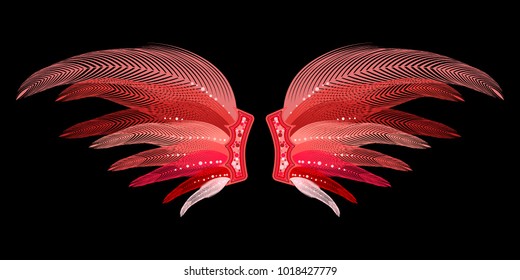 Wings with Feathers. Beautiful Red Wings with Pins. Carnival Costume. Wings with Feathers for Masquerade, Carnival, Celebration, Costume, Card, Invitations. Suit for the Holiday. Gentle Angel Wings.