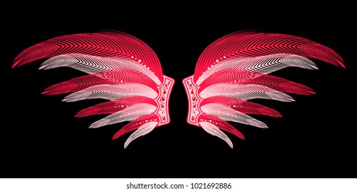 Wings with Feathers. Beautiful Red Wings with Pins. Carnival Costume. Wings with Feathers for Masquerade, Carnival, Celebration, Costume, Card, Invitations. Suit for the Holiday. Gentle Angel Wings.