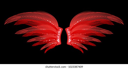 Wings with Feathers. Beautiful Red Wings with Pins. Carnival Costume. Wings with Feathers for Masquerade, Carnival, Celebration, Costume, Card, Invitations. Suit for the Holiday. Gentle Angel Wings.