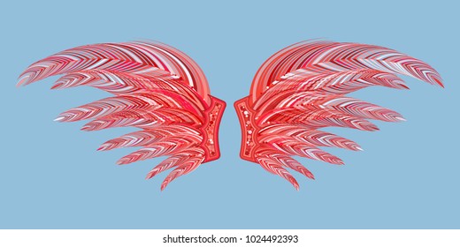 Wings with Feathers. Beautiful Red Wings with Pins. Carnival Costume. Wings with Feathers for Masquerade, Carnival, Celebration, Costume, Card, Invitations. Suit for the Holiday. Gentle Angel Wings.