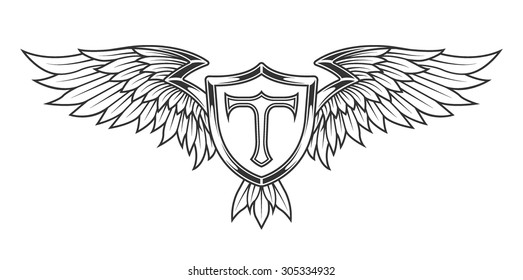 Wings with feathers and a shield. Heraldic emblem vintage style.