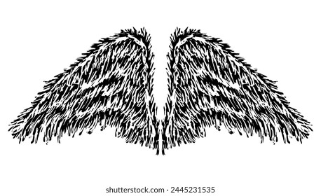 Wings, feathers, textured, hand drawn, two, freedom, flight, devil, angel, silhouette, vector illustration isolated on white