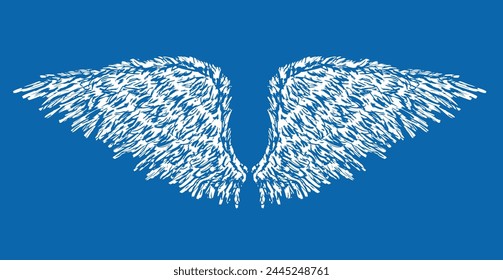 Wings, feathers, textured, hand drawn, pair, flight, freedom, angel, vector illustration,blue background