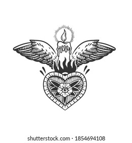 Unas alas y una llama. Se puede usar como dibujo de un tatuaje.