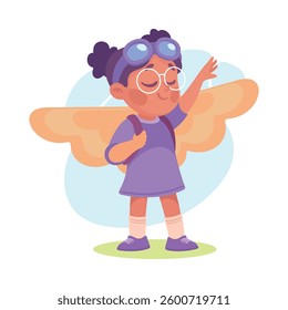 Wings with Girl Character Pretend Flying Vector Illustration