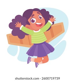 Wings with Girl Character Pretend Flying Vector Illustration