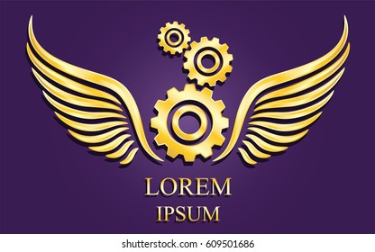 wings gold logo with three gear sign simple icon on violet background