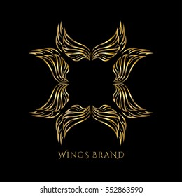 Wings golden frame vector design element. Luxury ornament for boutique, restaurant, hotel, fashion store. Wings logo