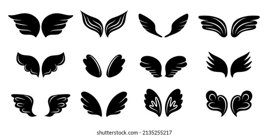 Wings. Hand drawn bird and angel silhouette elements. Angelic emblem, black pencil drawing, icon collection, sketch style feather, vector isolated set