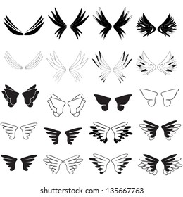 Wings - Hand Drawn - Set - Isolated On White Background - Vector Illustration, Graphic Design Editable For Your Design. Wings Logo