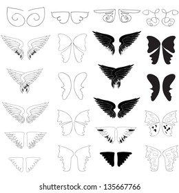 Wings - Hand Drawn - Set - Isolated On White Background - Vector Illustration, Graphic Design Editable For Your Design. Wings Logo