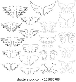 Wings - Hand Drawn - Set - Isolated On White Background - Vector Illustration, Graphic Design Editable For Your Design. Wings Logo