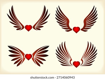 Wings with hearts in different designs and colors on a light background suitable for decorations and crafts