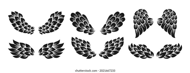 Wings icon doodle cartoon set. Sign design elements. Winged line logo, angel or fairy, feather bird two wing. Modern minimalistic icons abstract vector isolated