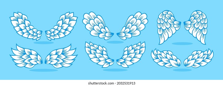 Flügel Icon doodle Cartoon Set. Designelemente signieren. Flügeldraht-Logo, Engel oder Fee, Federvogel zwei Flügel. Moderne minimalistische Symbole, abstrakter Vektorgrafik einzeln auf blauem Hintergrund