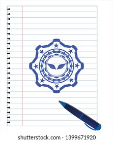 wings icon emblem drawn with pen. Blue ink. Vector Illustration. Detailed.
