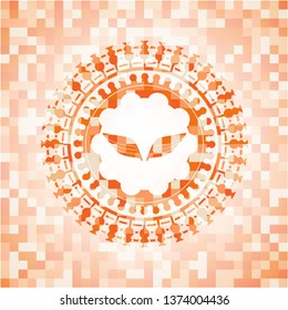 wings icon inside abstract emblem, orange mosaic background