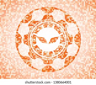 wings icon inside abstract emblem, orange mosaic background