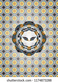 wings icon inside arabic badge background. Arabesque decoration.