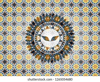 wings icon inside arabic badge. Arabesque decoration.