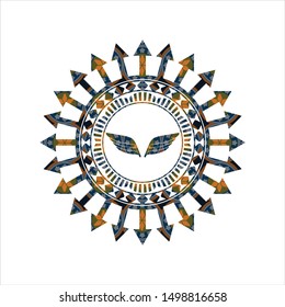wings icon inside arabic style badge. Arabesque decoration.
