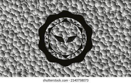 wings icon inside black emblem with grey bubbles background. Vintage. Vector Illustration. Detailed. 