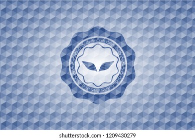 wings icon inside blue emblem or badge with geometric pattern background.